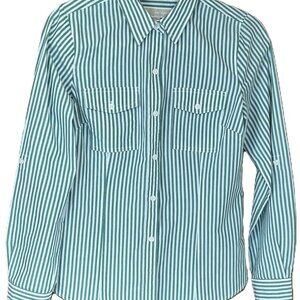 Michael Kors Women's Green White Striped Roll-Tab Long Sleeve Button-Down Top